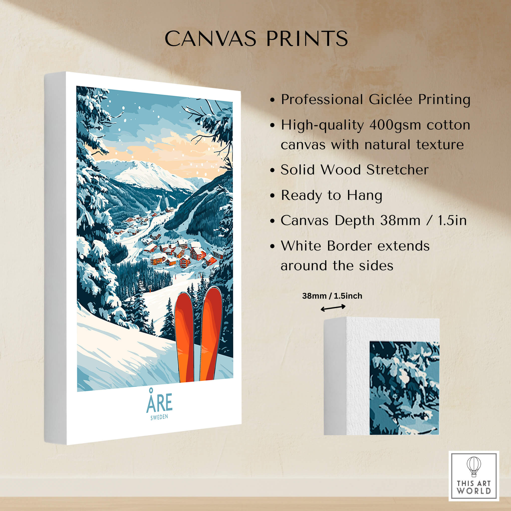 Åre Sweden Ski Poster featuring vibrant mountain scenery and skis in the foreground, perfect for home decoration.