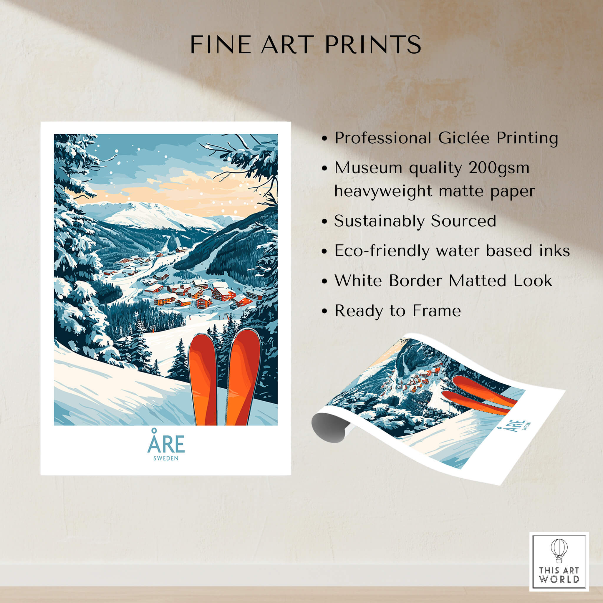 Åre Sweden Ski Poster showcasing a winter landscape with skis, perfect for skiing enthusiasts and home decor.