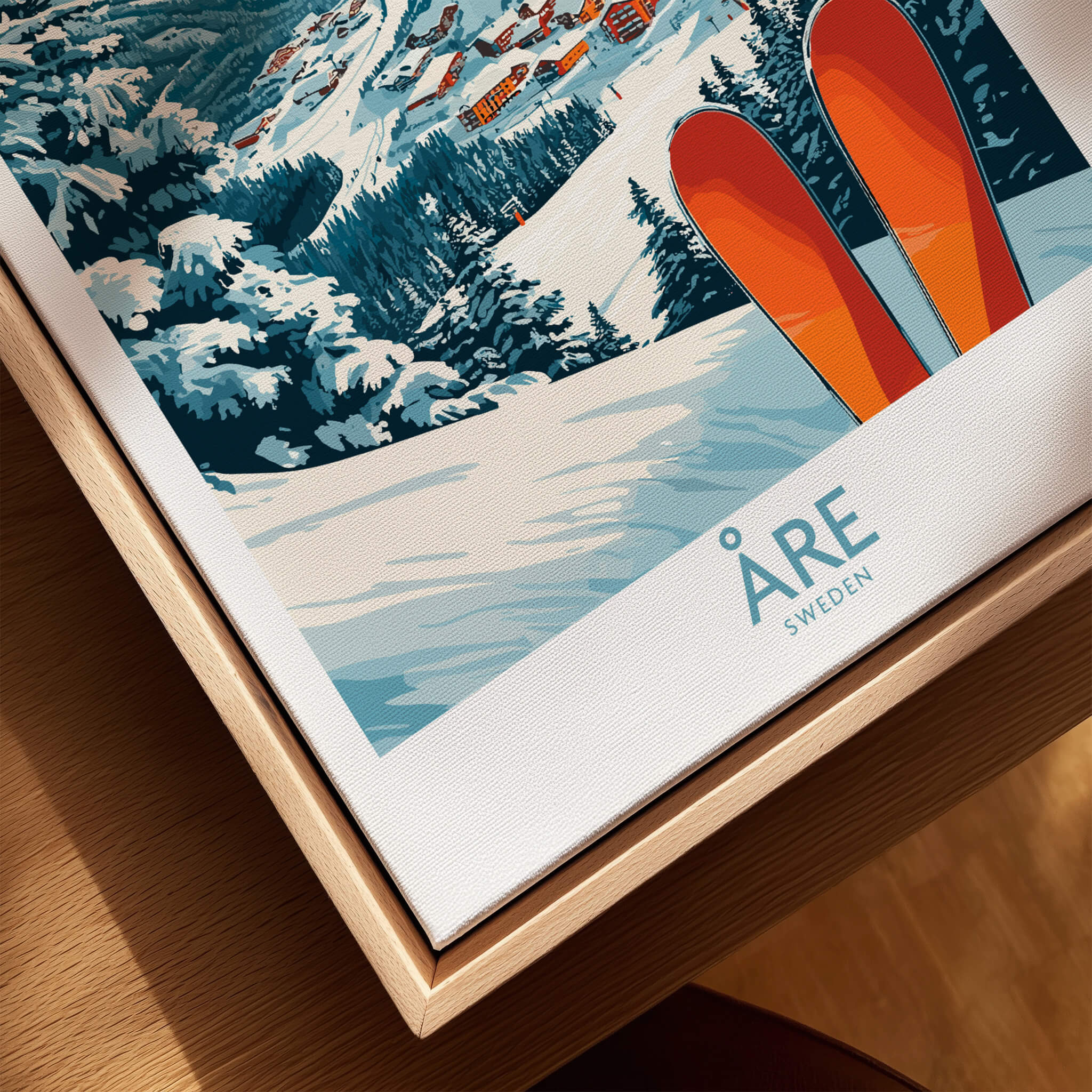 Åre Sweden Ski Poster featuring vibrant ski equipment and snow-covered mountains, perfect for ski enthusiasts.