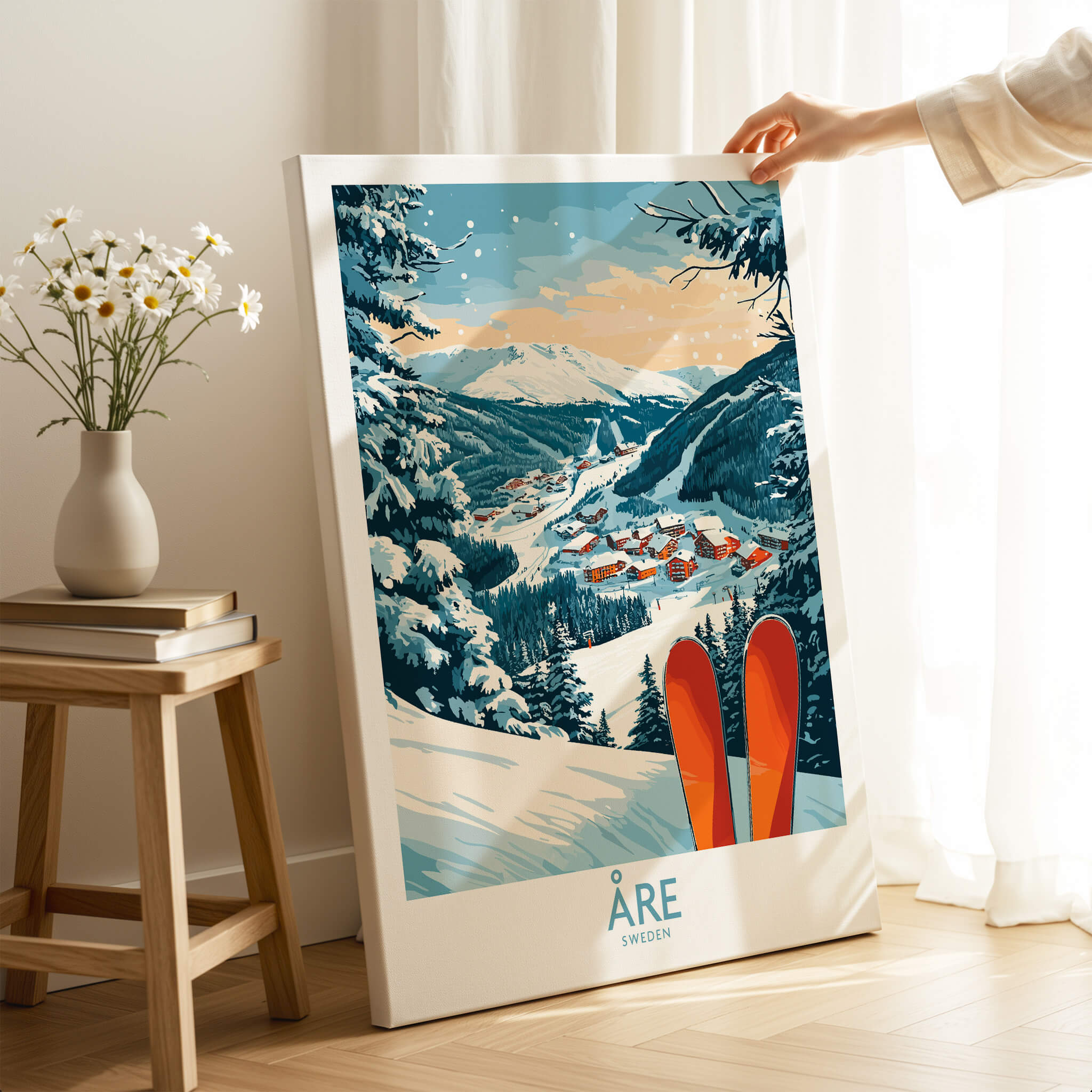 Åre Sweden Ski Poster showcasing skiing scenery and red skis in a cozy home setting.