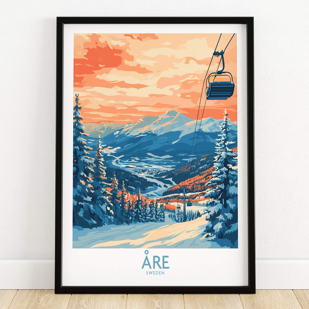 Åre Sweden Wall Art Ski Poster showcasing a scenic ski landscape with a chairlift and mountains.