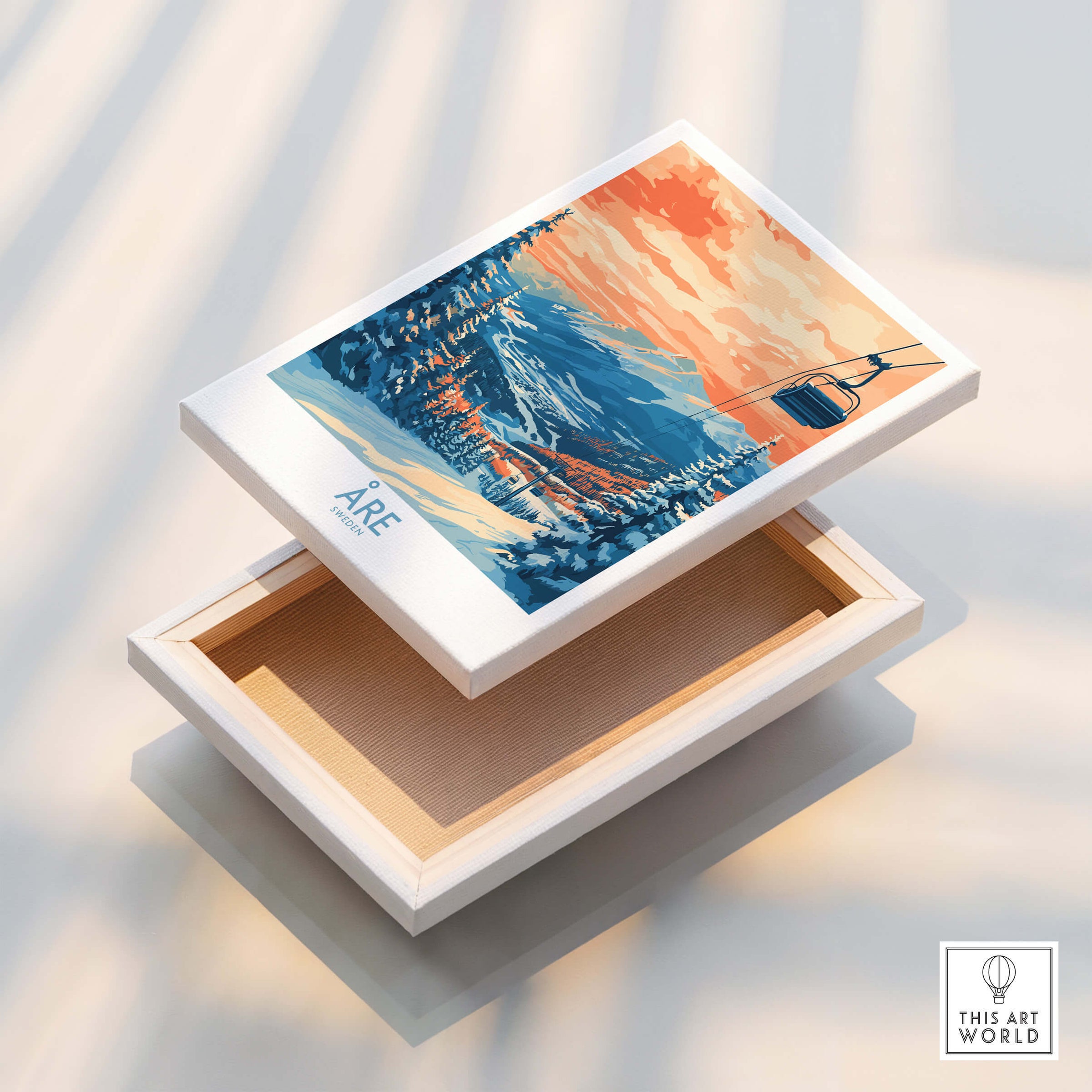 Åre Sweden Wall Art Ski Poster showcasing vibrant colors and snow-covered mountains, perfect for ski enthusiasts.