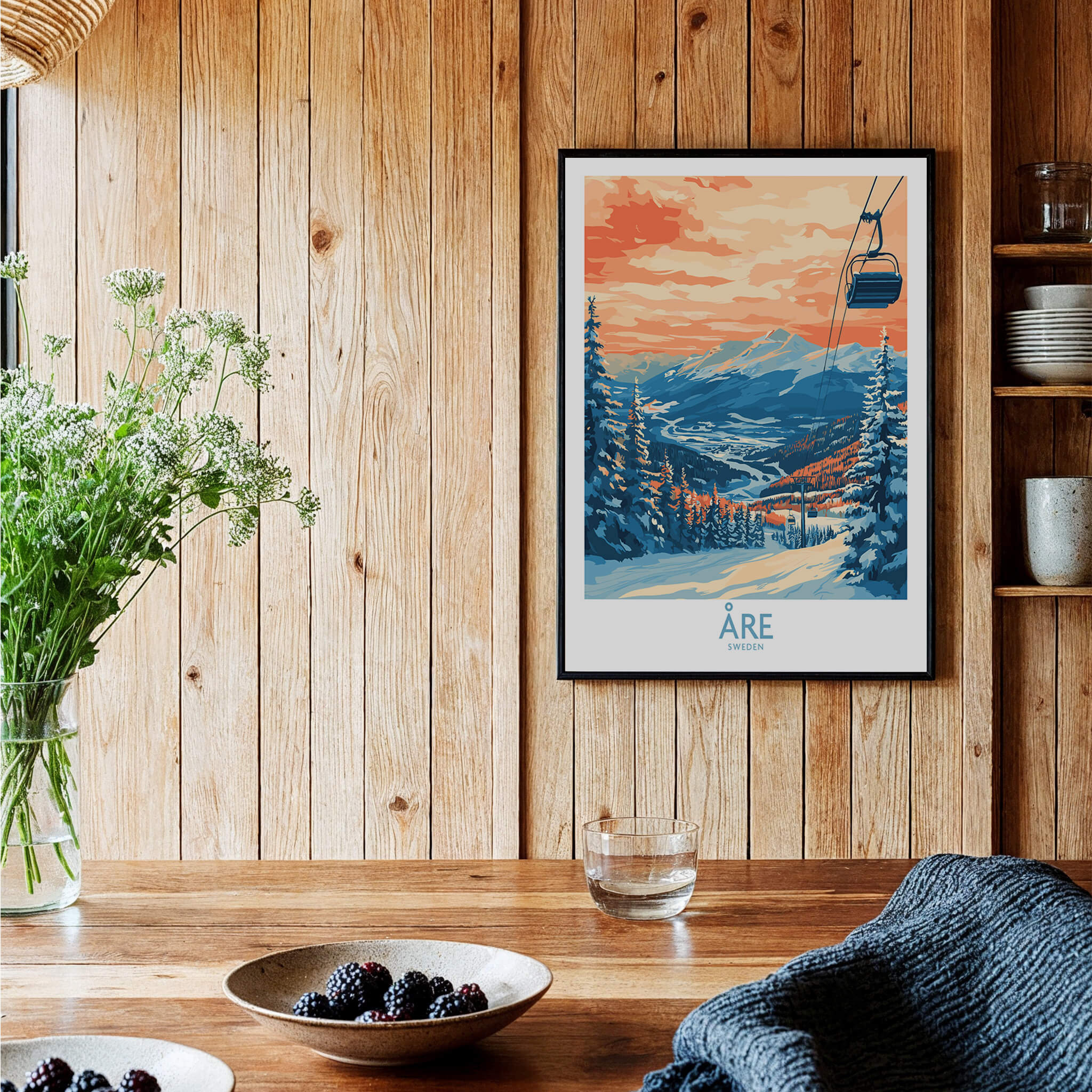 Åre Sweden Wall Art Ski Poster featuring vibrant colors of snowy slopes and mountains, perfect for ski enthusiasts.