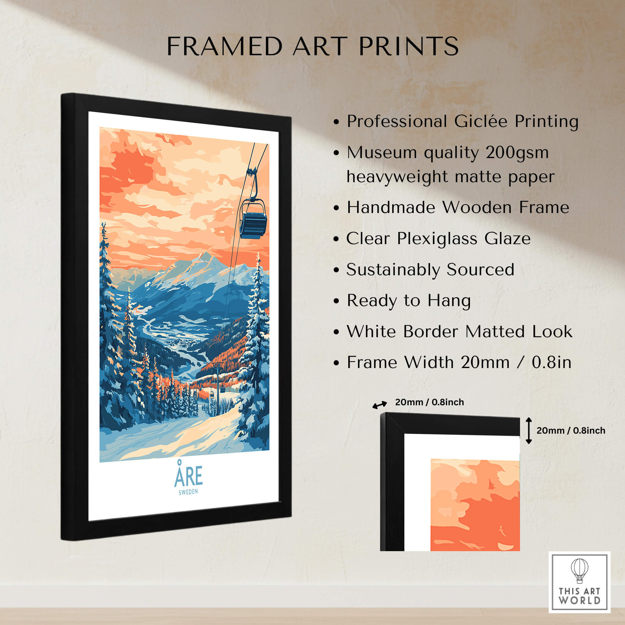 Åre Sweden Wall Art Ski Poster framed art print with beautiful mountain landscape and cable car design.