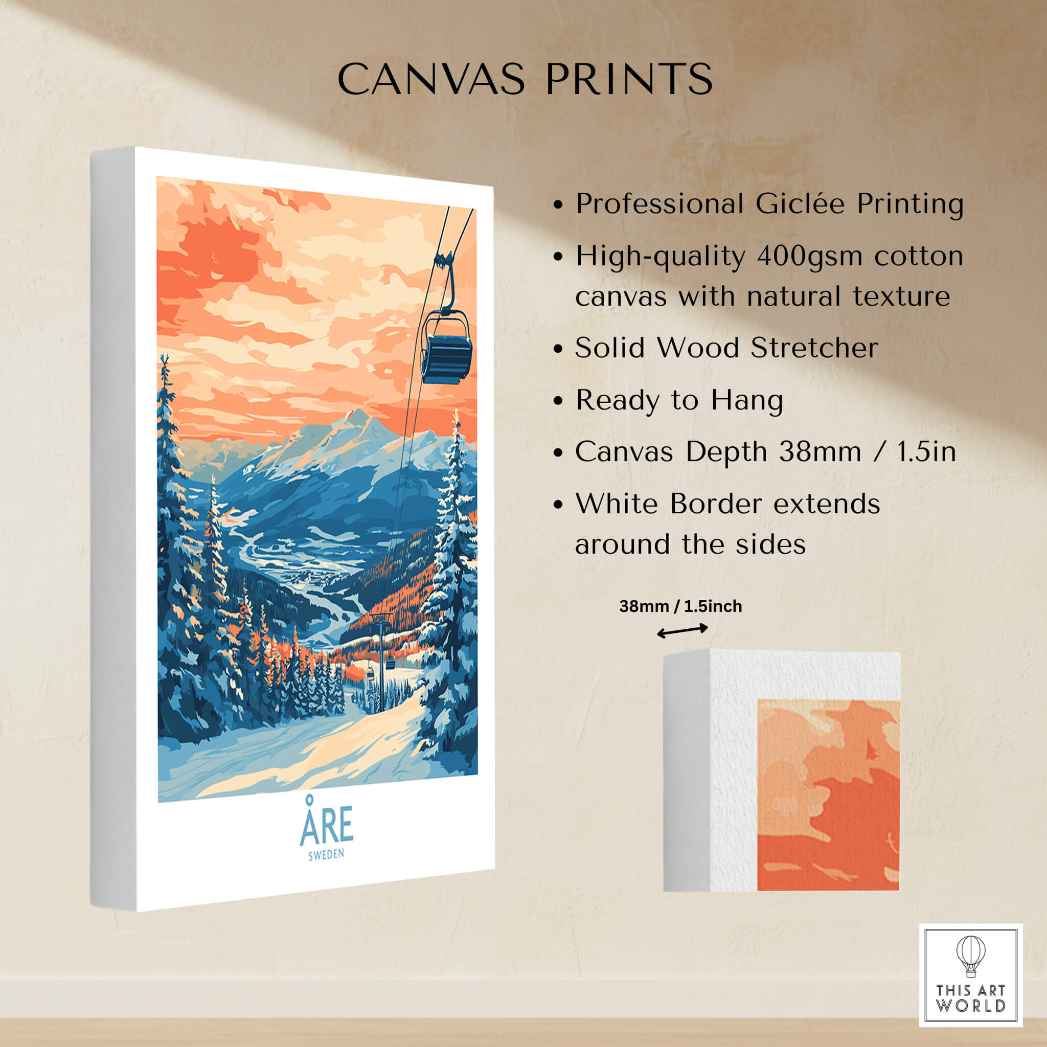 Åre Sweden Wall Art Ski Poster showcasing professional Giclée printing and stunning mountain landscape design.