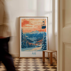 Åre Sweden Wall Art Ski Poster featuring vibrant colors of snowy slopes and a chairlift in a cozy home setting.