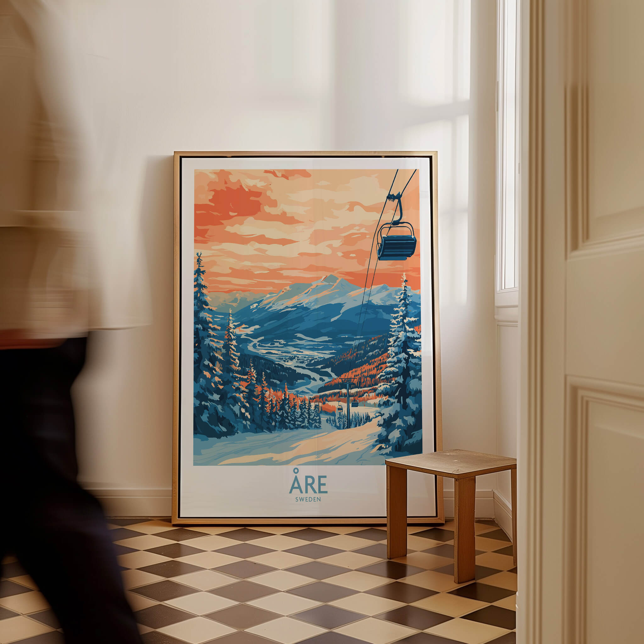 Åre Sweden Wall Art Ski Poster featuring vibrant colors of snowy slopes and a chairlift in a cozy home setting.