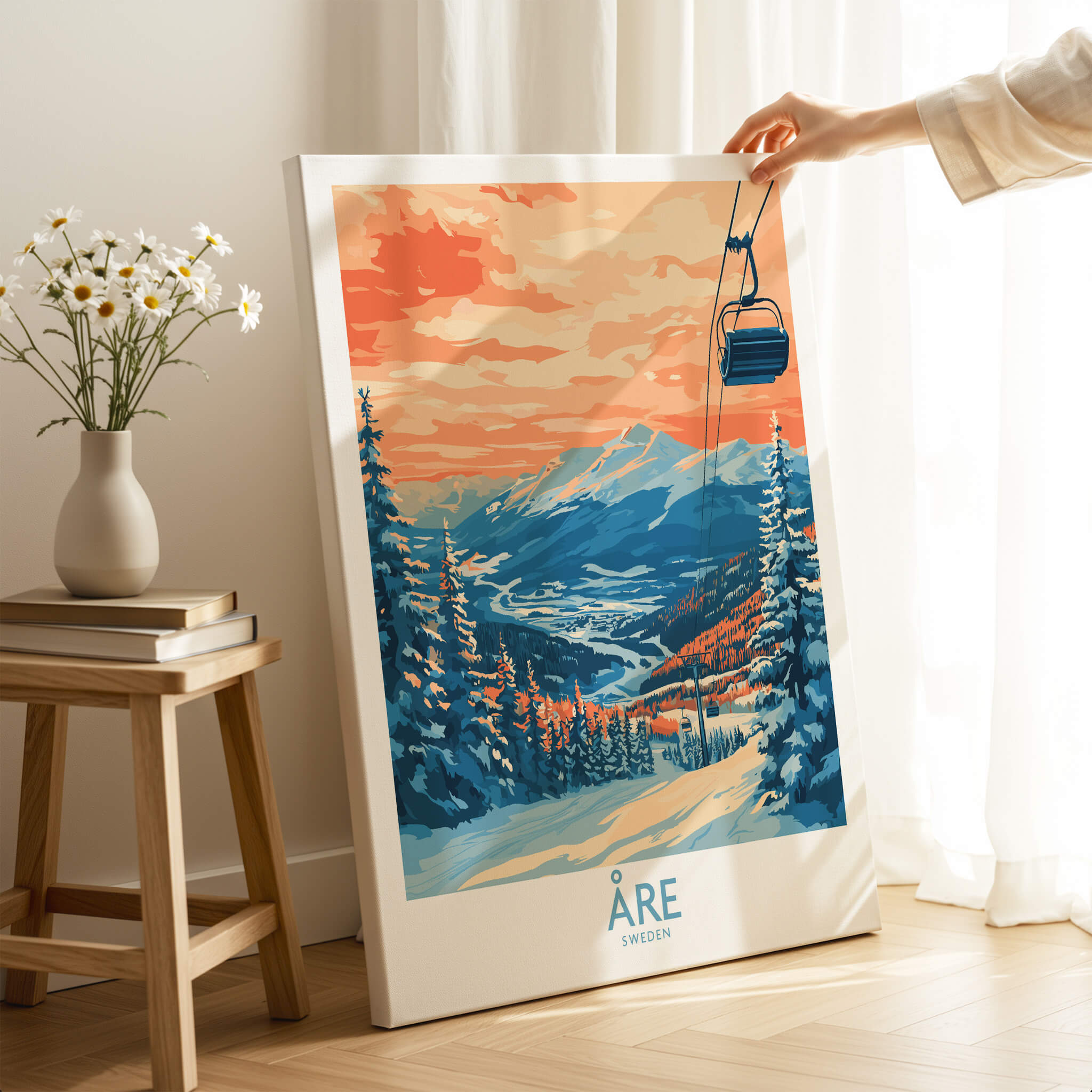 Åre Sweden Wall Art Ski Poster showcasing vibrant colors of a snowy landscape with a ski lift.