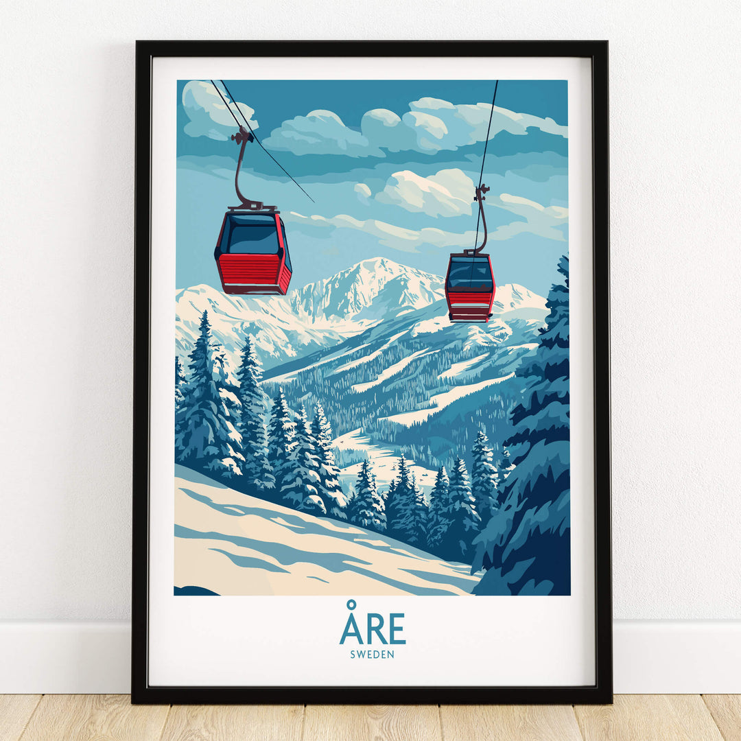 Ski Poster Åre Sweden featuring red gondolas and snowy mountain landscape in Åre, Sweden.