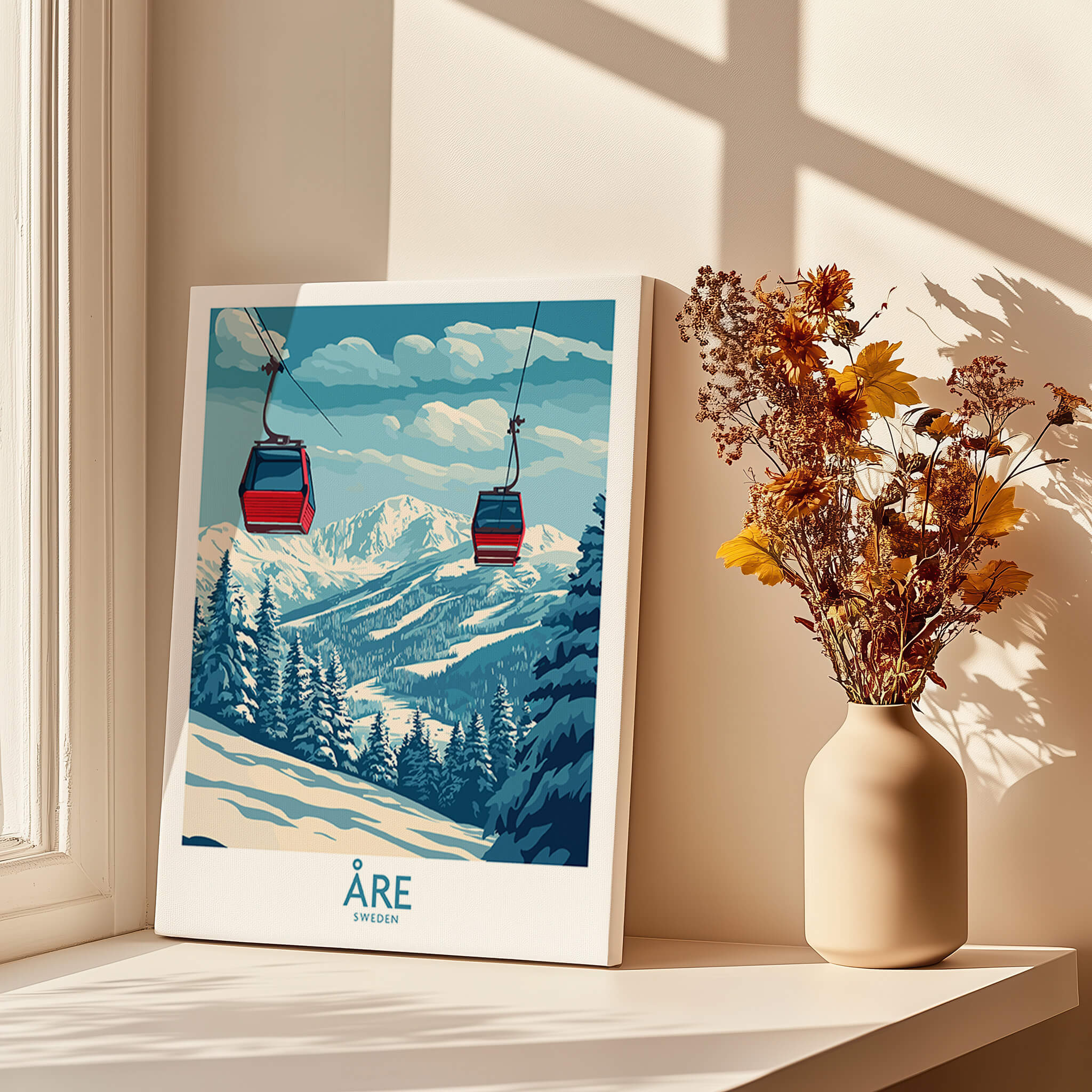 Ski Poster Åre Sweden showcasing ski slopes and gondolas amid snowy mountains in a bright room.