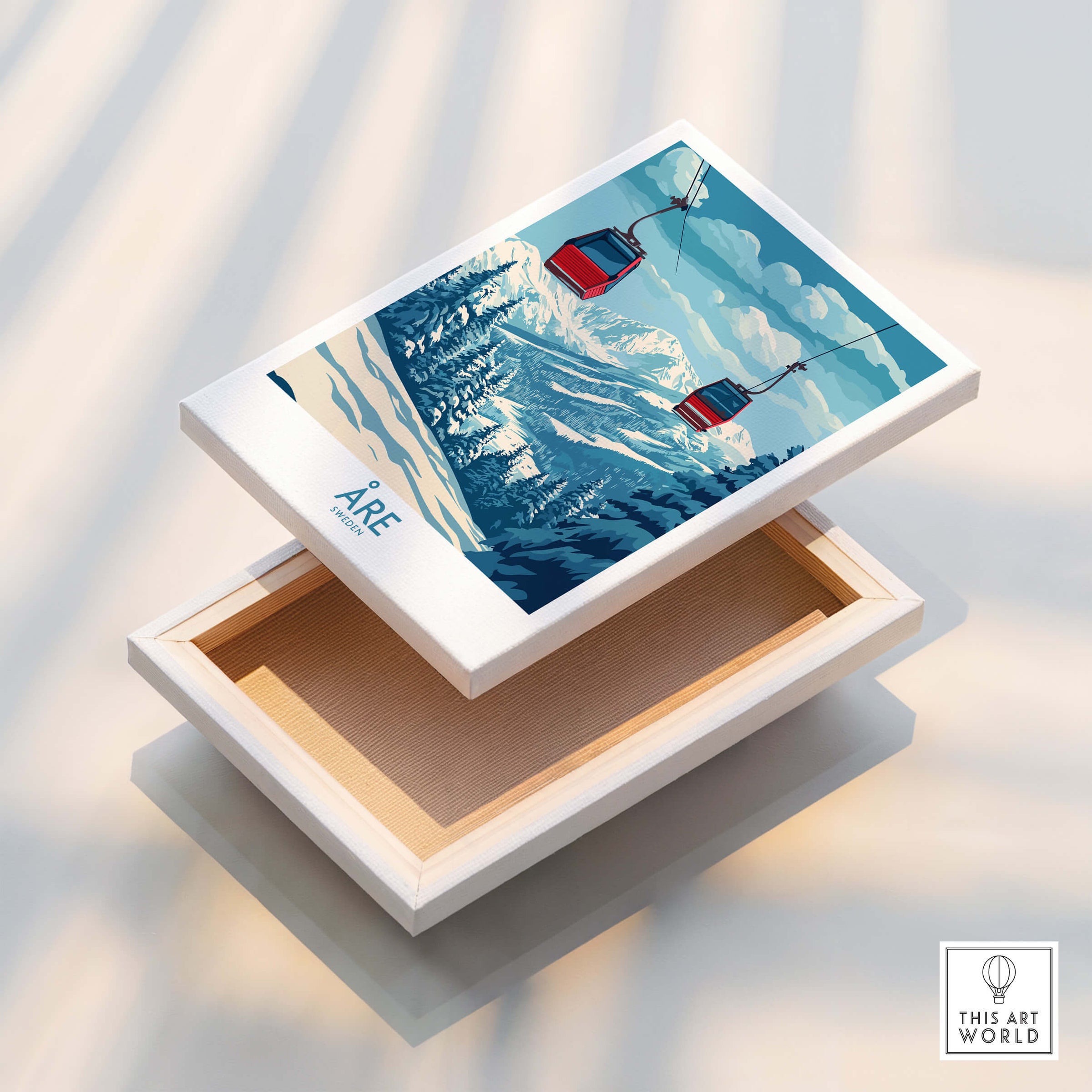 Ski Poster Åre Sweden showcasing a beautiful alpine landscape with ski lifts and snow-capped mountains.