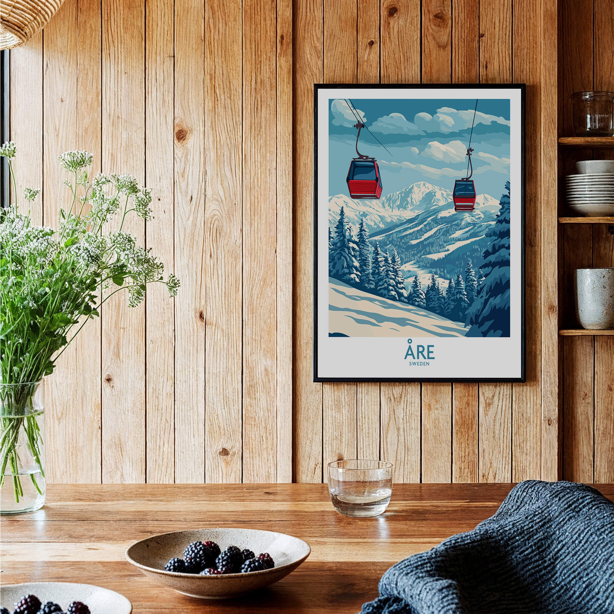 Ski Poster Åre Sweden featuring scenic slopes and ski lifts in a cozy interior setting.