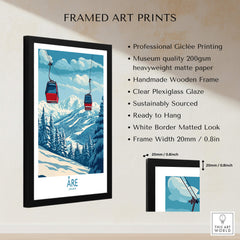 Ski Poster Åre Sweden framed art print featuring scenic slopes and ski gondolas.