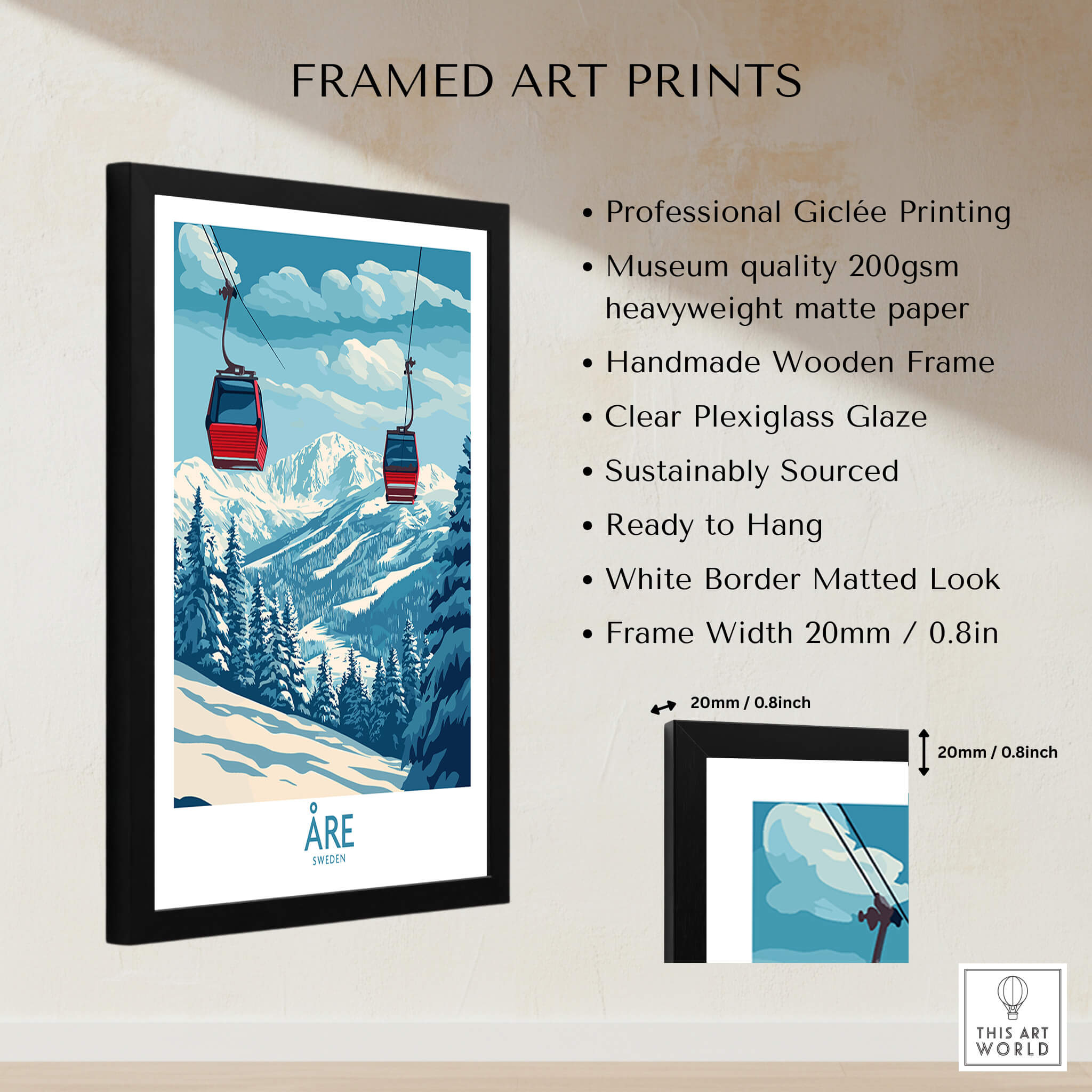 Ski Poster Åre Sweden framed art print featuring scenic slopes and ski gondolas.