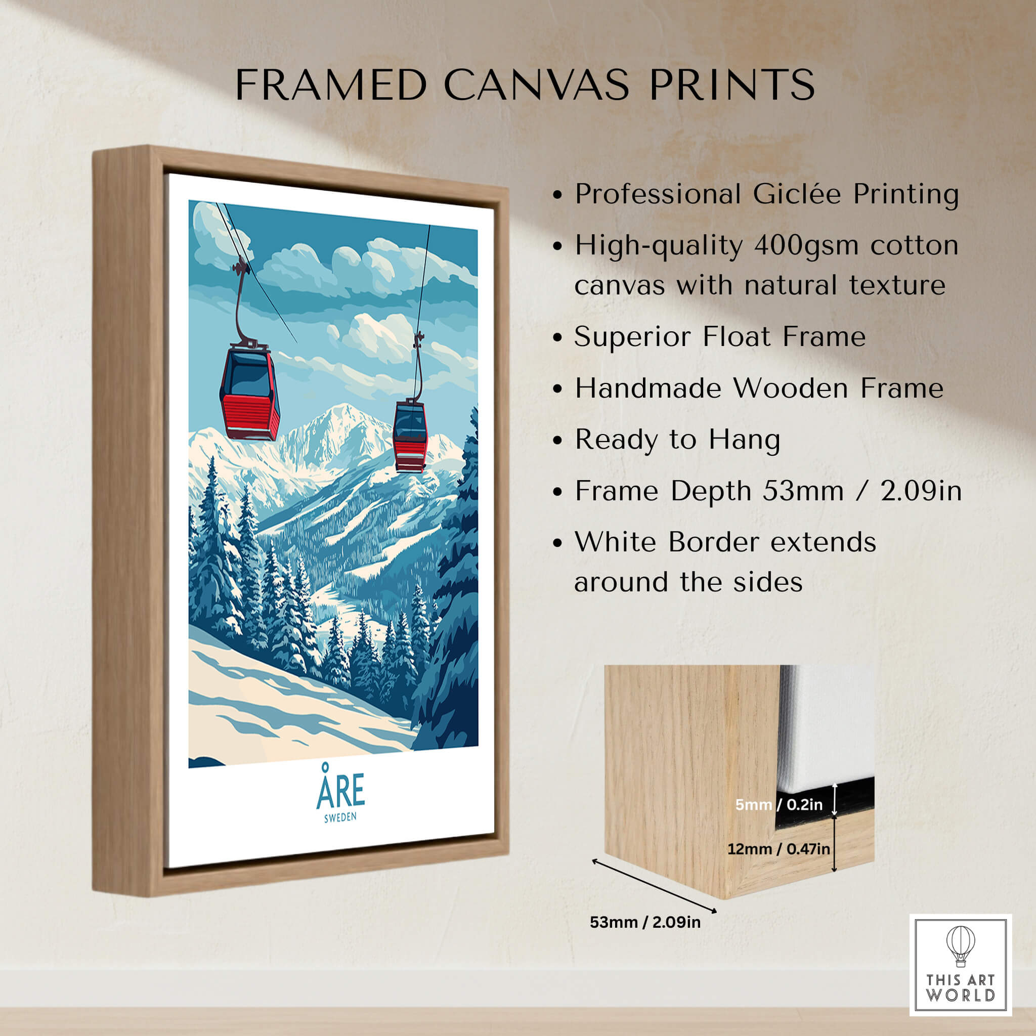 Ski Poster Åre Sweden framed canvas print showcasing ski slopes and gondolas in a mountainous landscape.