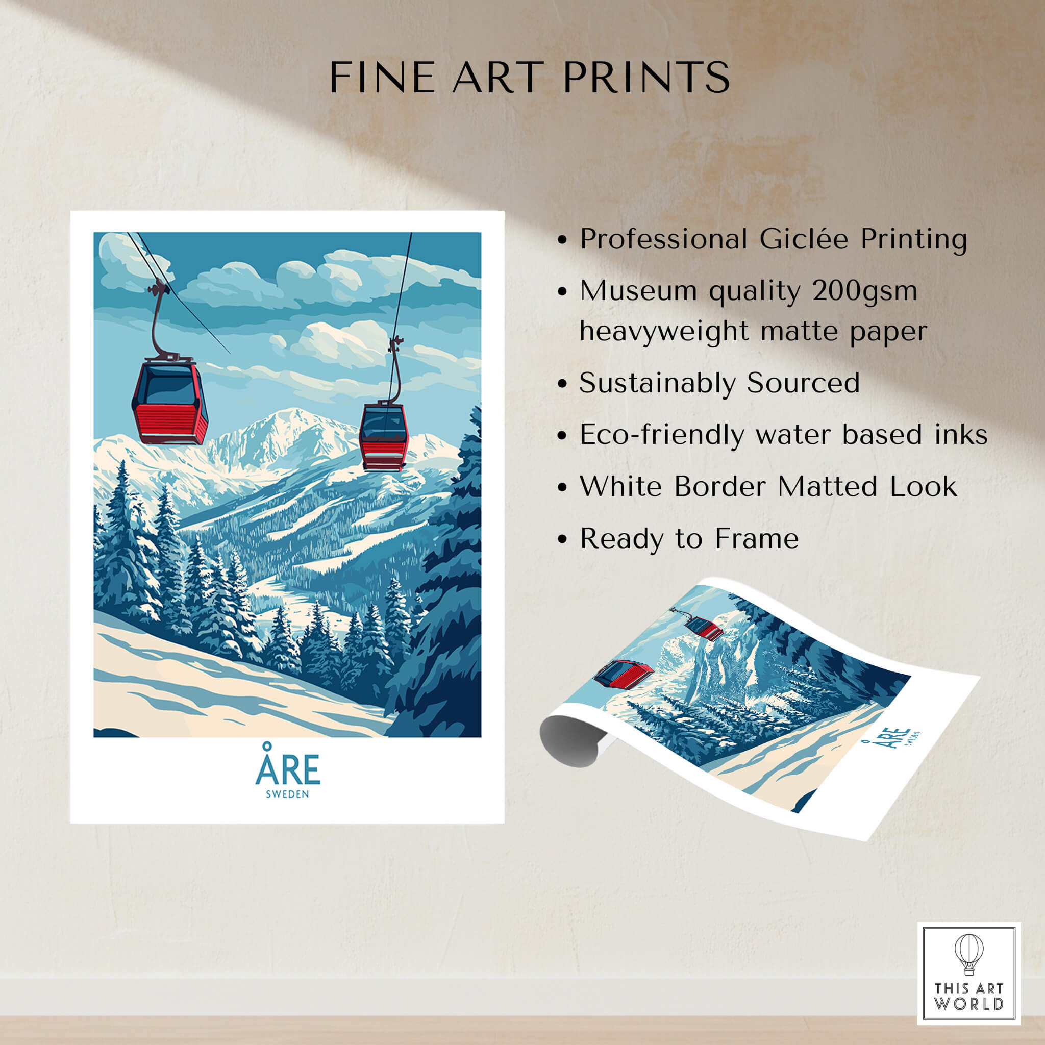 Ski Poster Åre Sweden showcasing stunning slopes and ski lifts in a vibrant mountain landscape.