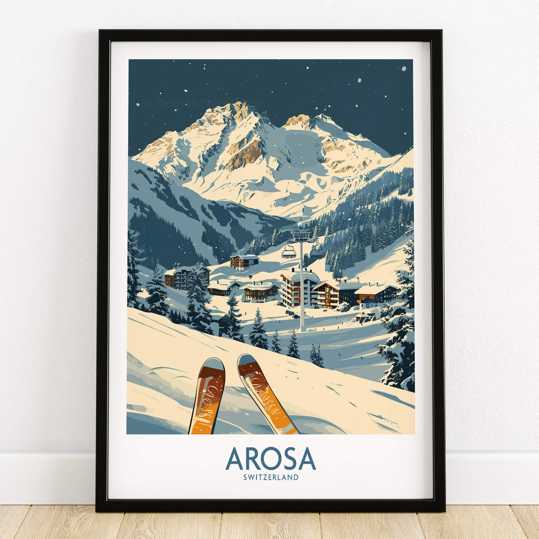 Arosa Ski Print - Switzerland showcases stunning Swiss Alps slopes with ski equipment in focus, perfect for home decor.