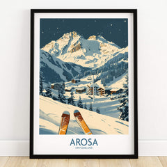 Arosa Ski Print - Switzerland showcases stunning Swiss Alps slopes with ski equipment in focus, perfect for home decor.