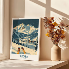 Arosa Ski Print - Switzerland showcasing snowy mountains and ski equipment in a cozy setting.