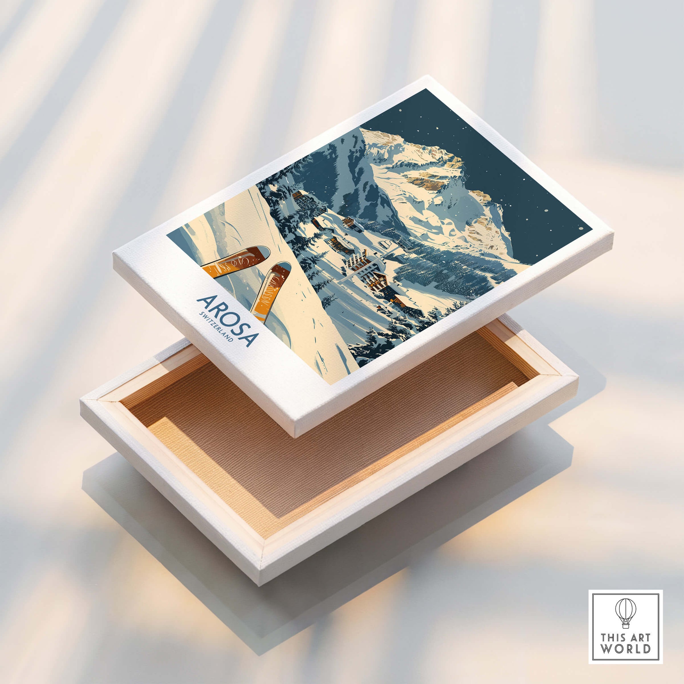 Arosa Ski Print - Switzerland displayed on a decorative box showcasing Swiss mountain scenery.