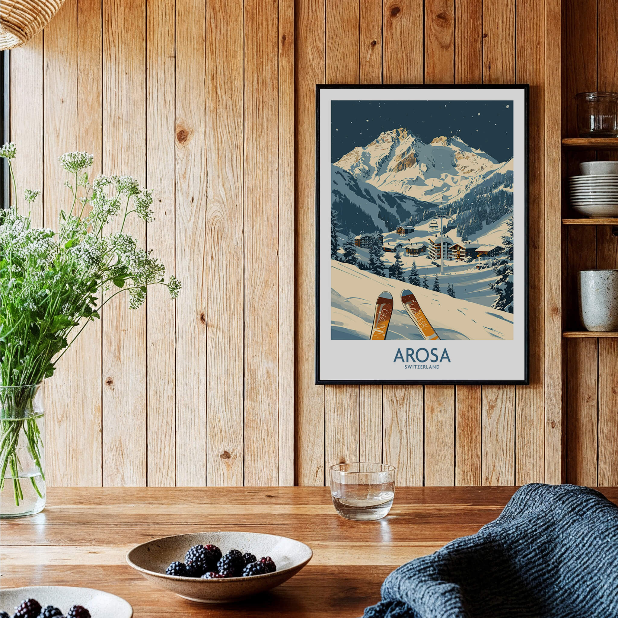 Arosa Ski Print - Switzerland showcased in a cozy room with wooden walls, skis, and a beautiful mountain view.