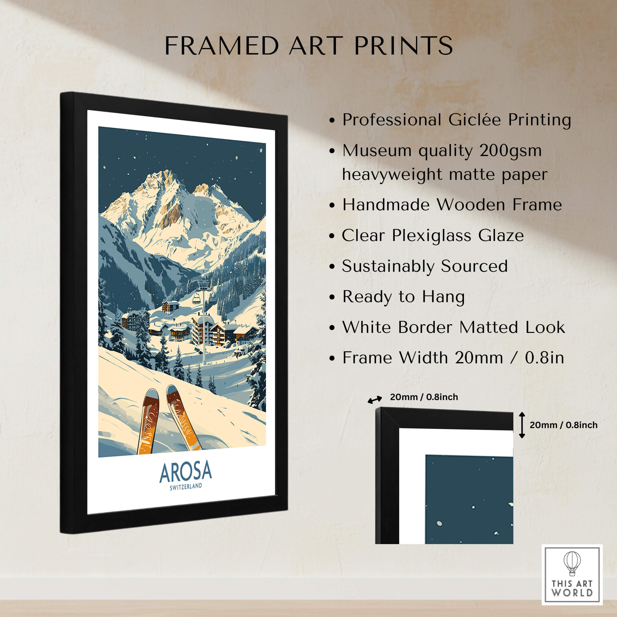 Arosa Ski Print - Switzerland framed art print showcasing Swiss Alps skiing scene with handmade wooden frame.