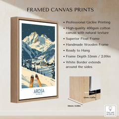 Arosa Ski Print -  Switzerland framed canvas print showcasing snowy mountains and ski equipment.