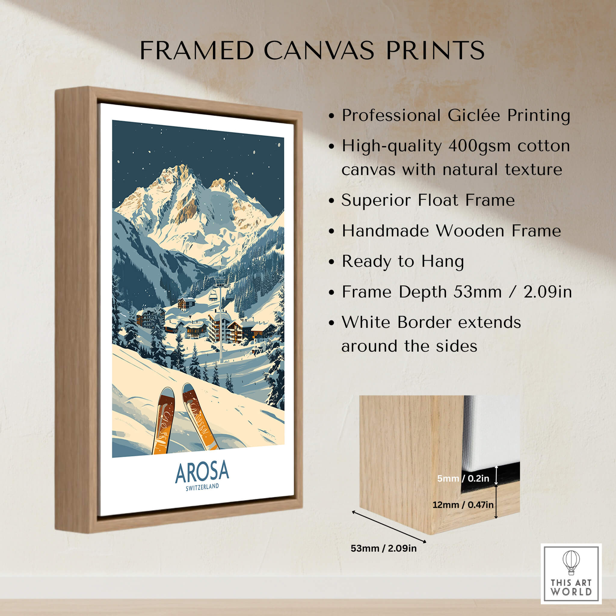 Arosa Ski Print -  Switzerland framed canvas print showcasing snowy mountains and ski equipment.