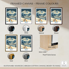 Framed Arosa Ski Print - Switzerland shown in various frame colors including Black, White, Natural, Brown, Gold, Silver.