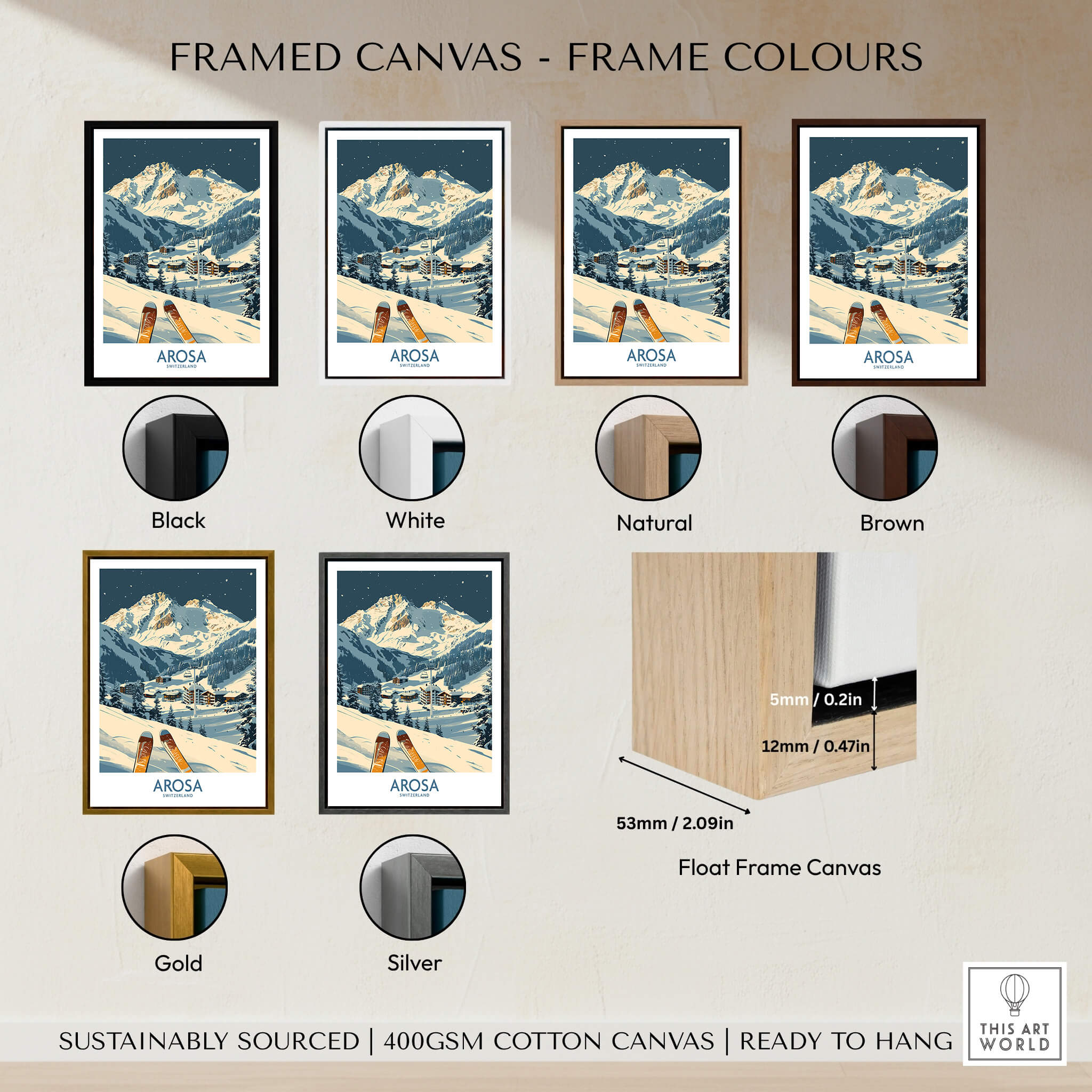 Framed Arosa Ski Print - Switzerland shown in various frame colors including Black, White, Natural, Brown, Gold, Silver.