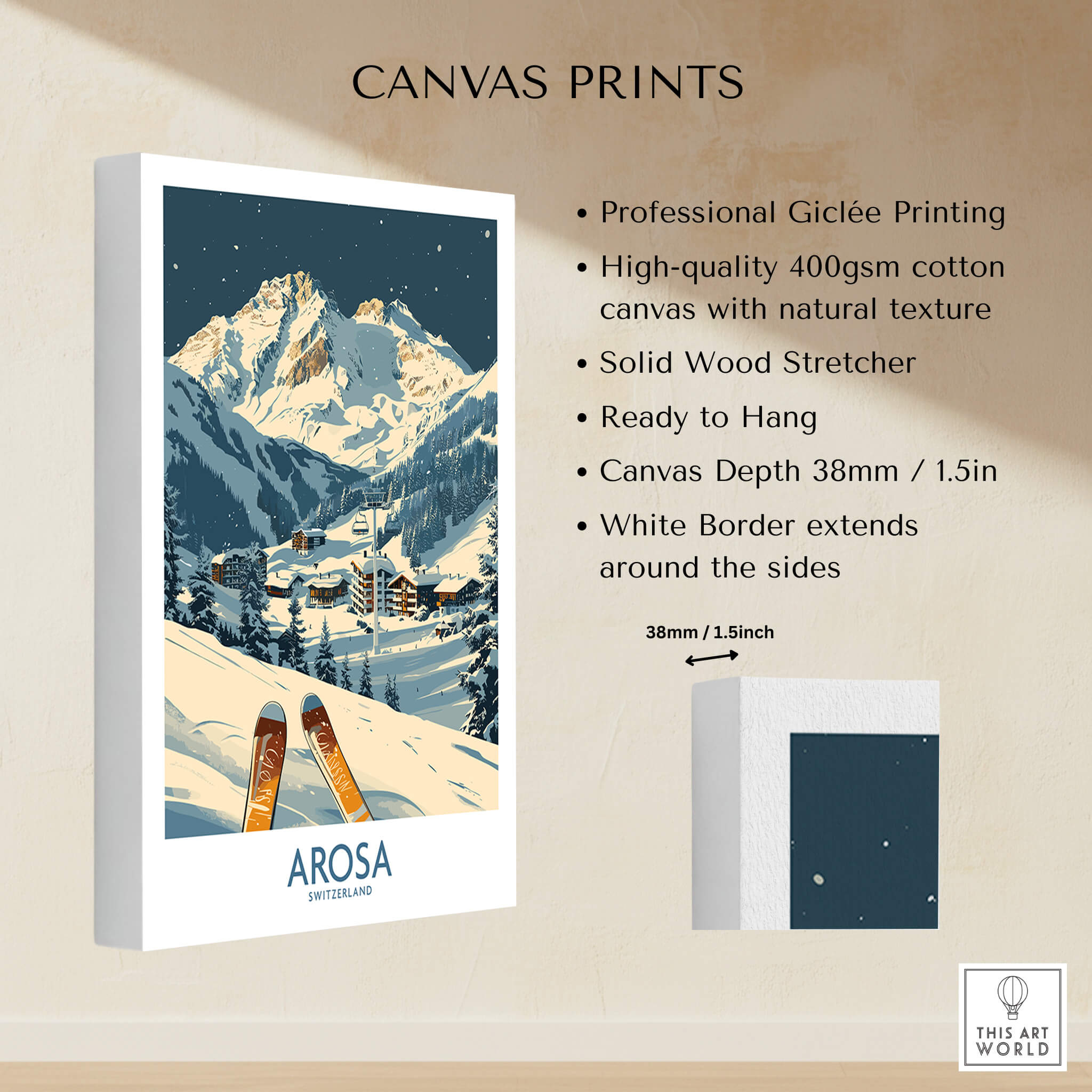Arosa Ski Print - Switzerland showcasing a canvas print with skiing scene and Swiss Alps background.