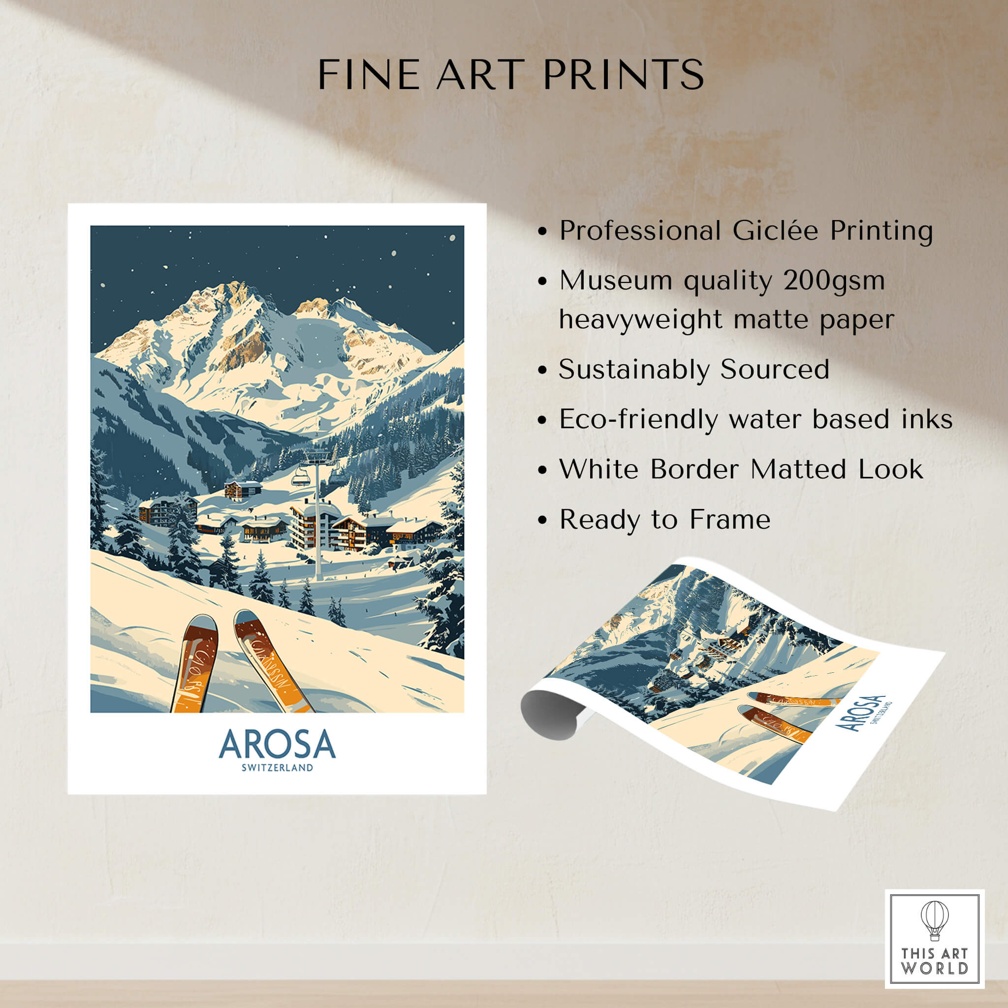 Arosa Ski Print - Switzerland featuring professional Giclée printing and a stunning Swiss Alps design.