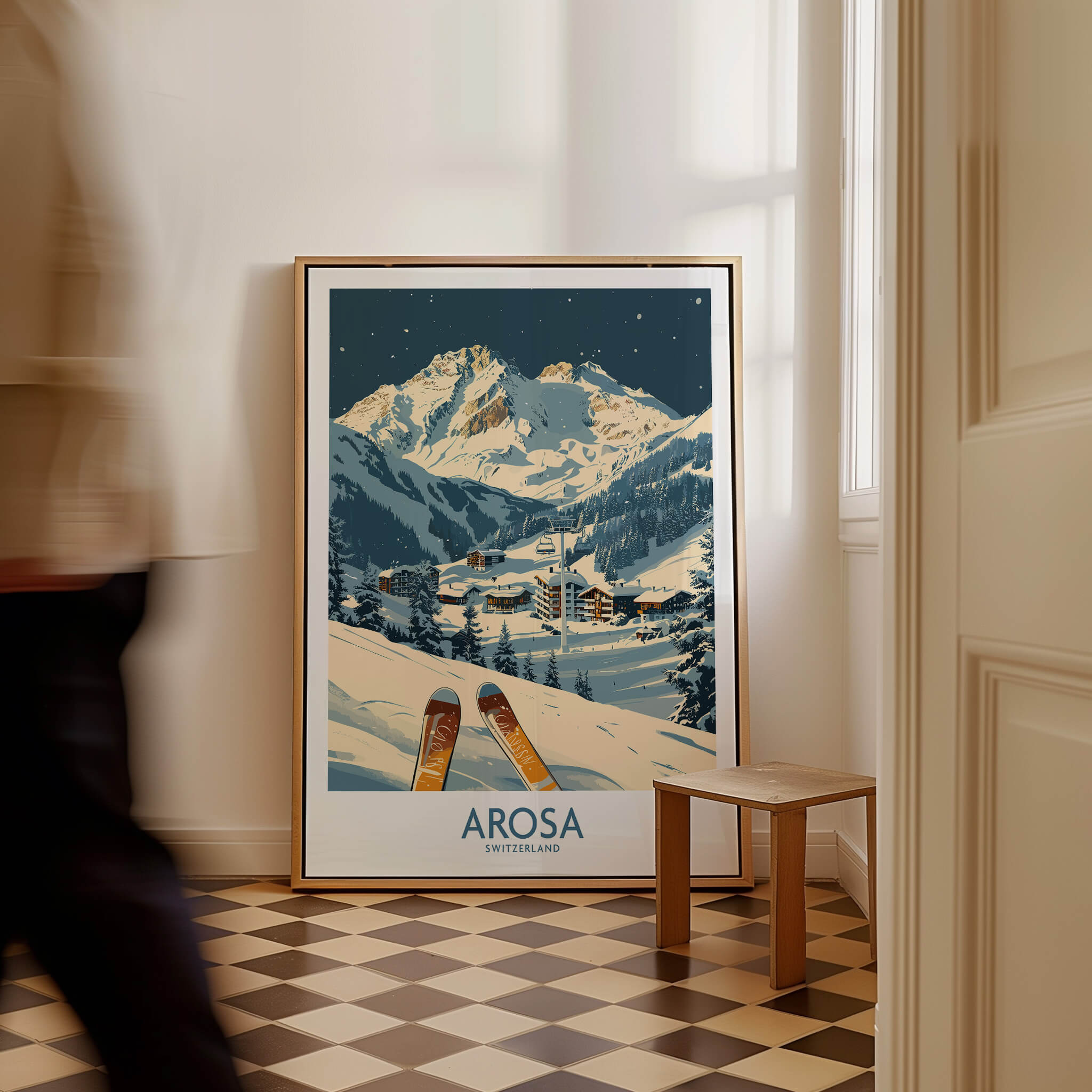 Arosa Ski Print - Switzerland showcased in a stylish room, capturing the Swiss Alps' beauty and skiing adventure.