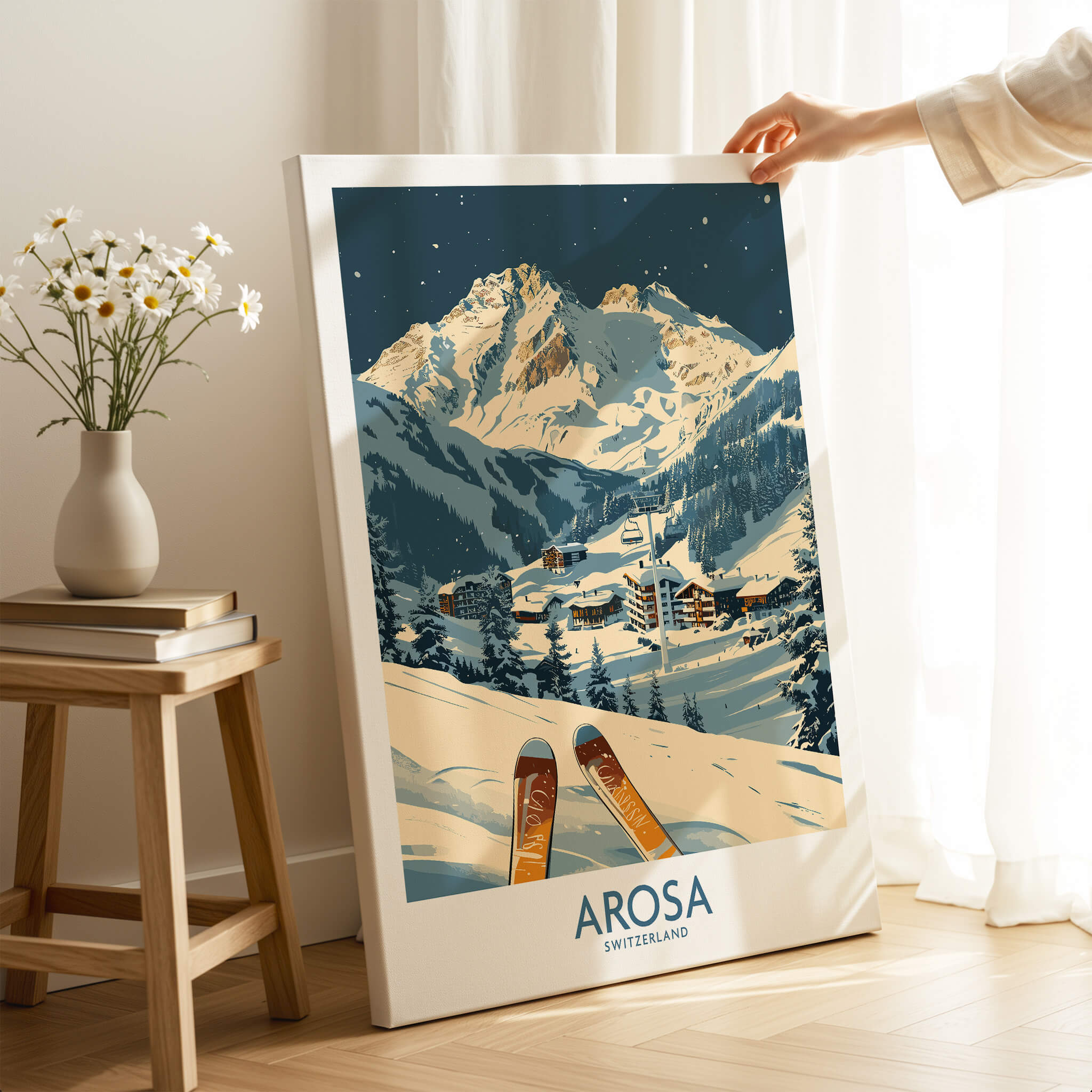 Arosa Ski Print - Switzerland showcasing a scenic winter landscape with mountains and ski slopes.
