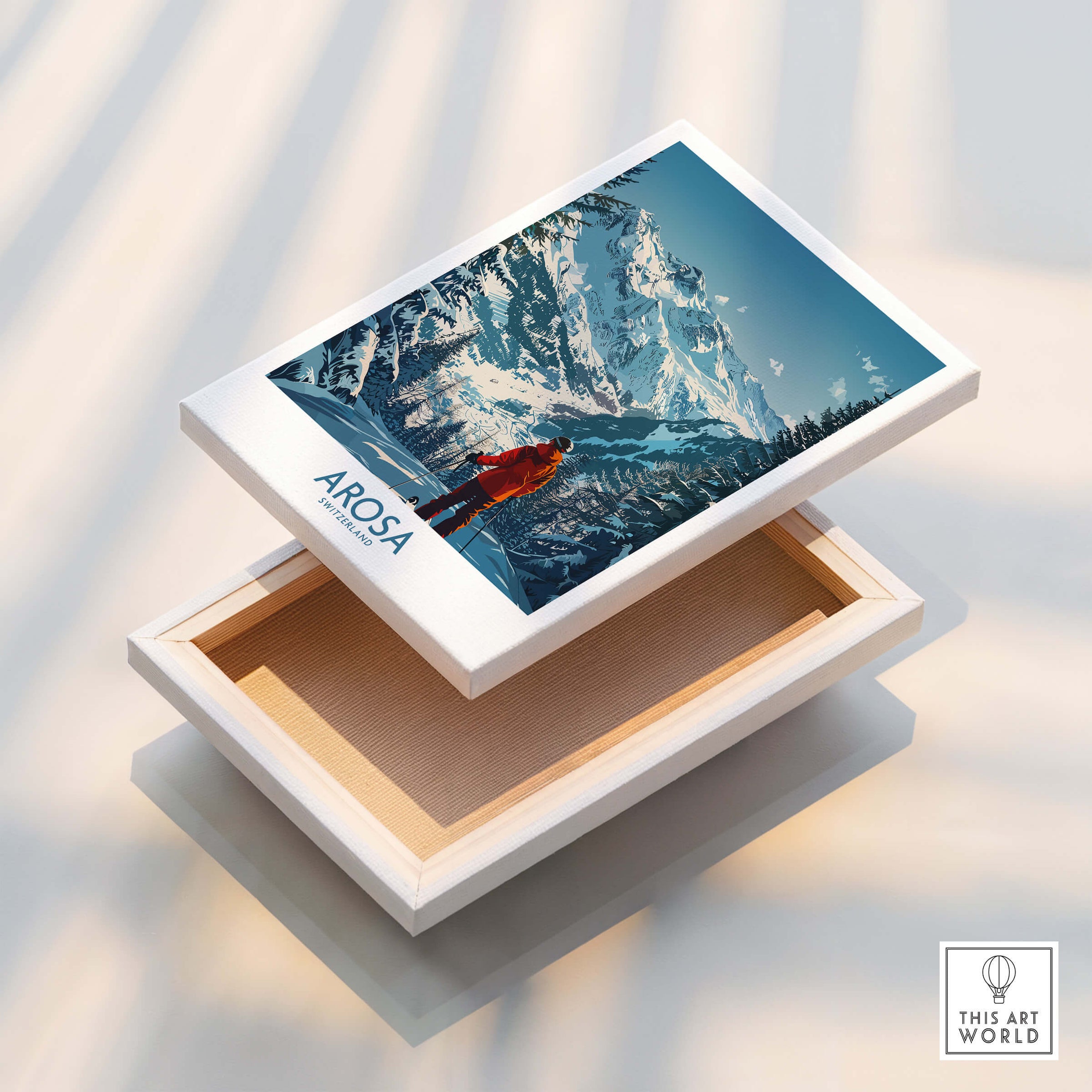 Arosa Wall Art Print Switzerland displayed in a white frame, showcasing breathtaking Swiss mountain scenery.