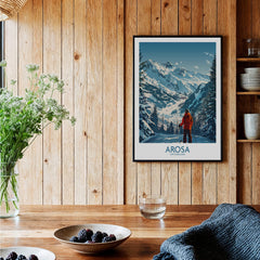 Arosa Wall Art Print Switzerland showcasing a skier against a stunning Swiss landscape in a wooden interior.