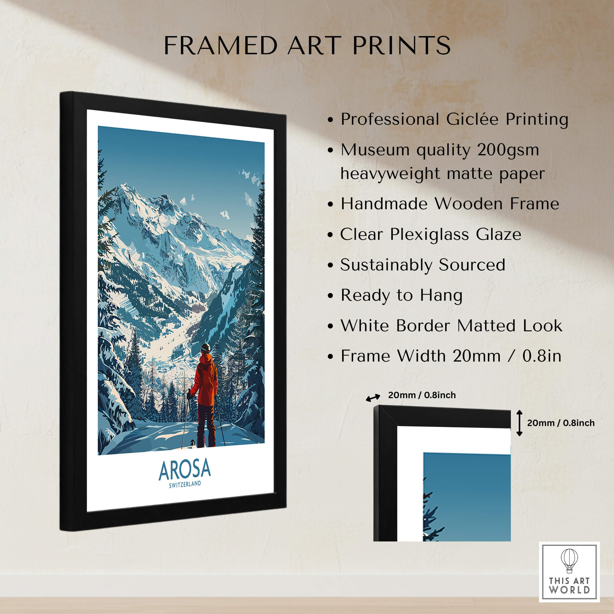 Arosa Wall Art Print Switzerland framed art print featuring stunning Swiss ski slopes and a vibrant landscape.