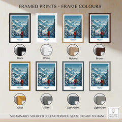 Framed prints showcasing various frame colors for Arosa Wall Art Print Switzerland, featuring stunning Swiss ski slopes.