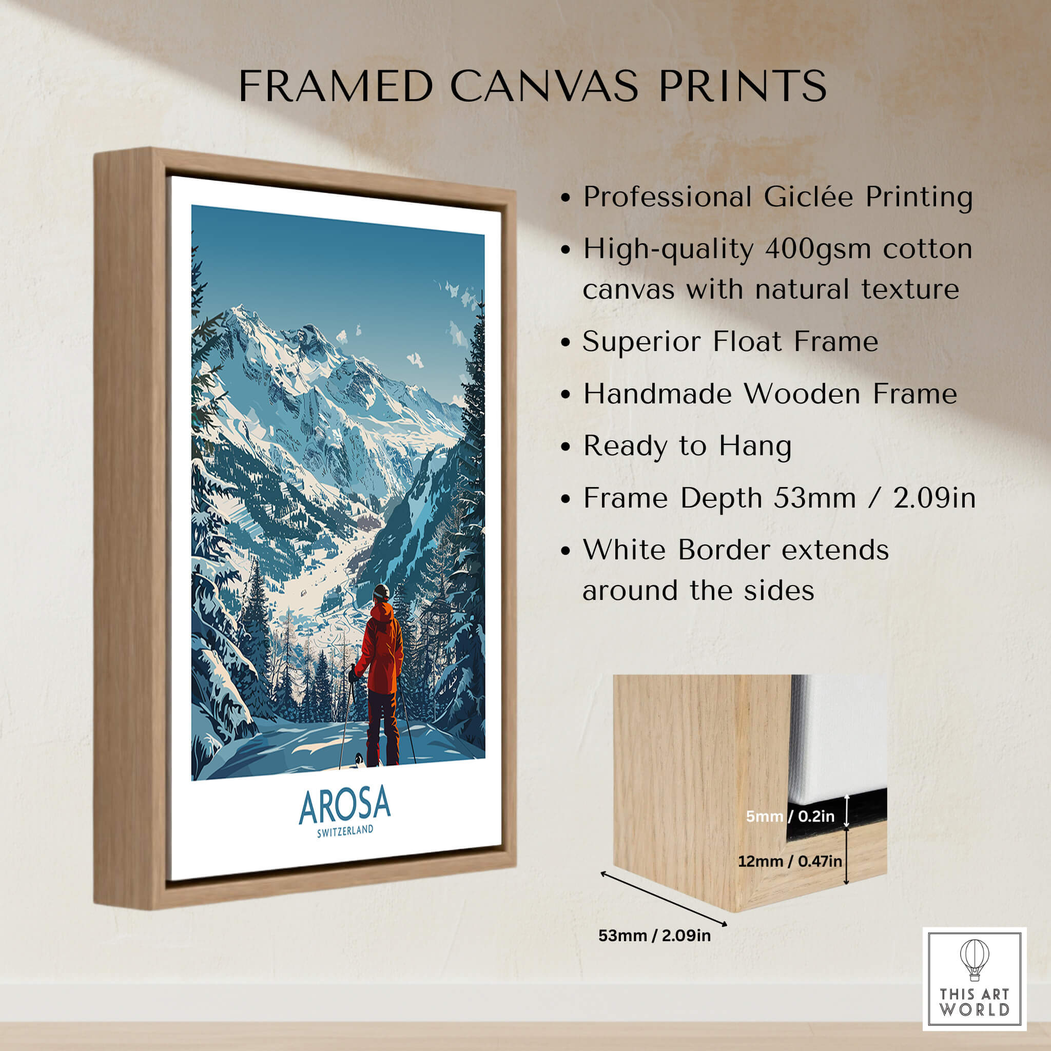 Arosa Wall Art Print Switzerland framed canvas print showcasing Swiss ski slopes and adventure decor.