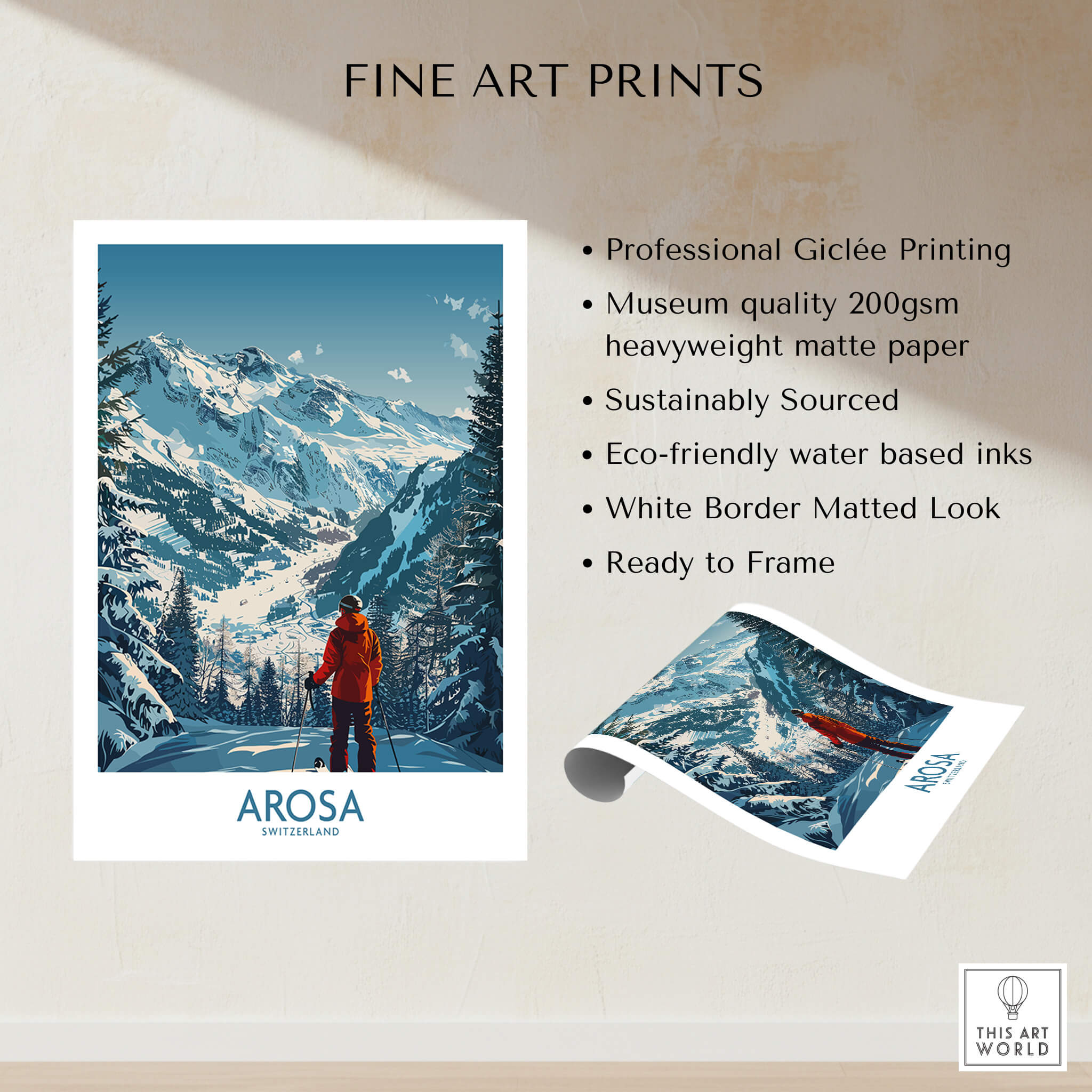 Arosa Wall Art Print Switzerland showcasing Swiss ski slopes and mountain beauty, perfect for elegant home decor.