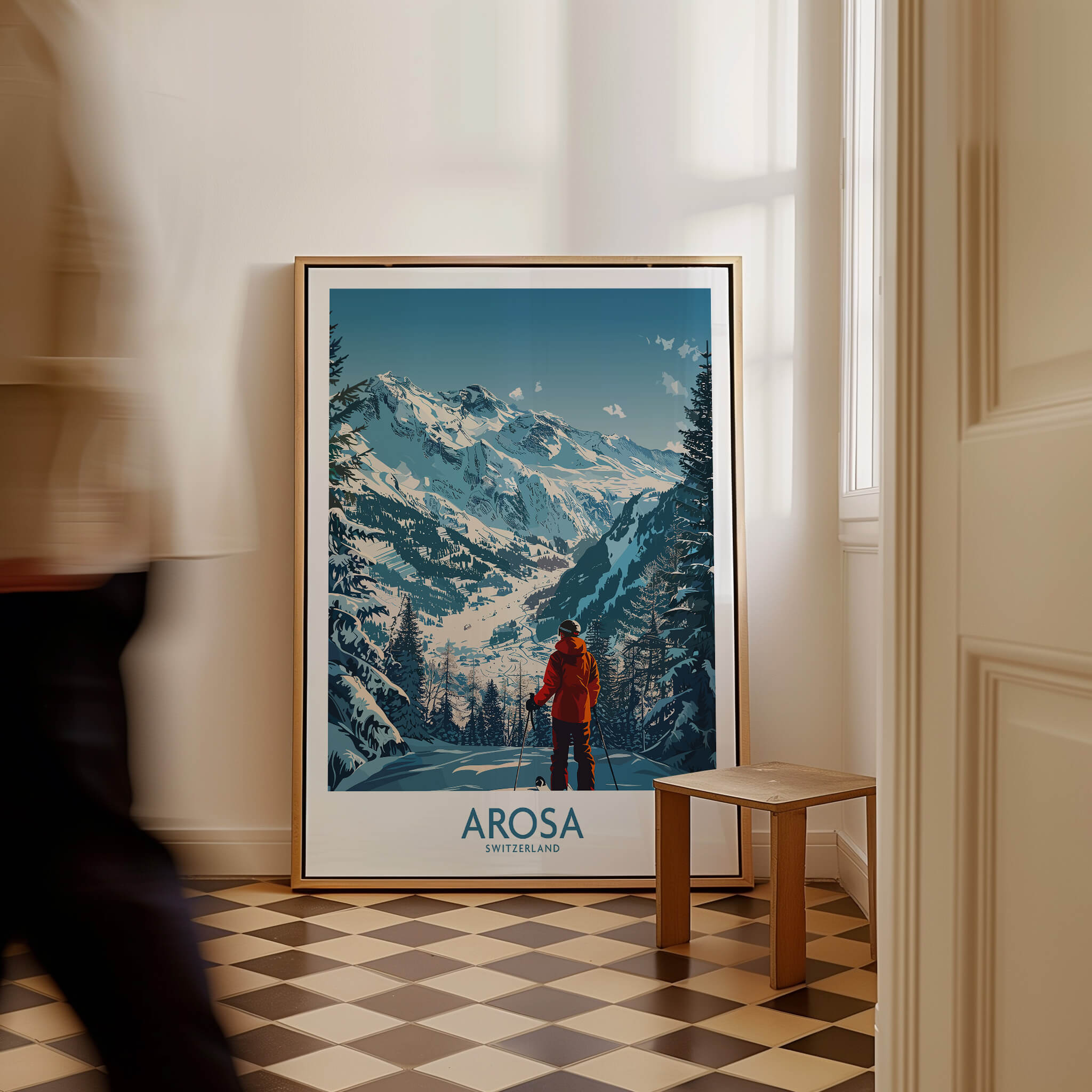 Arosa Wall Art Print Switzerland displayed in a stylish interior, portraying stunning Swiss ski slopes.