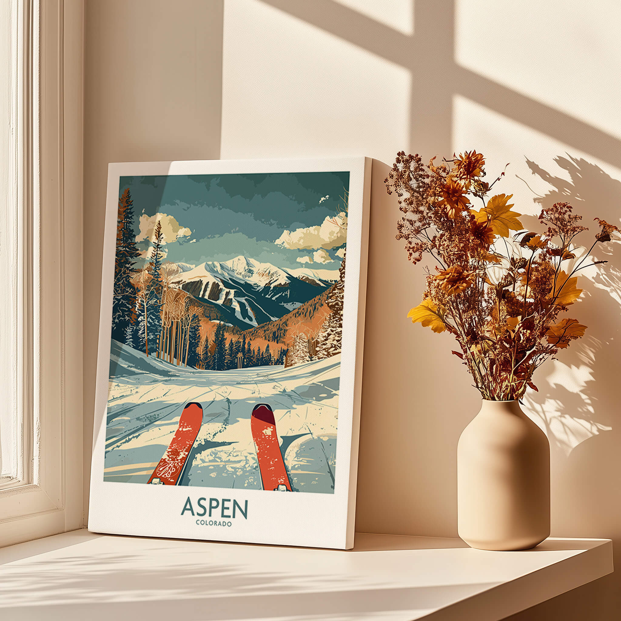 Aspen Ski Print -  Colorado displayed next to vase with flowers in a sunlit room, showcasing stunning mountain landscape.