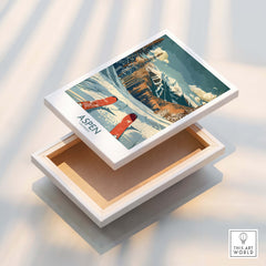 Aspen Ski Print - Colorado displayed on a decorative box with scenic mountain landscape and red ski design.