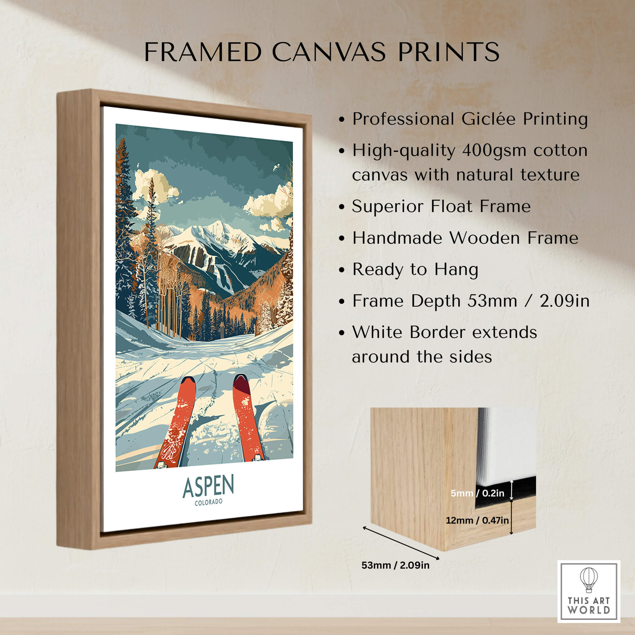Aspen Ski Print -  Colorado framed canvas print showcasing beautiful mountains and ski design.