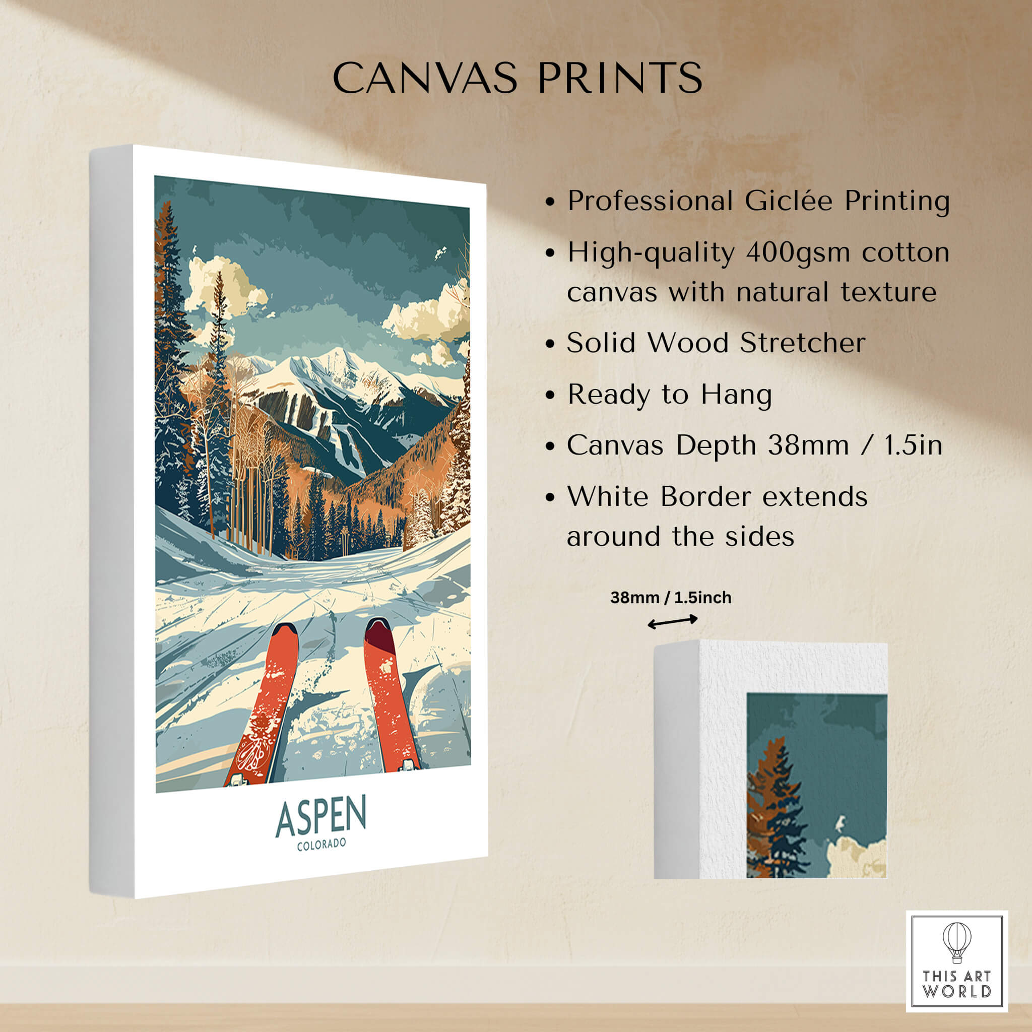 Aspen Ski Print - Colorado featuring professional Giclée printing and natural texture canvas.