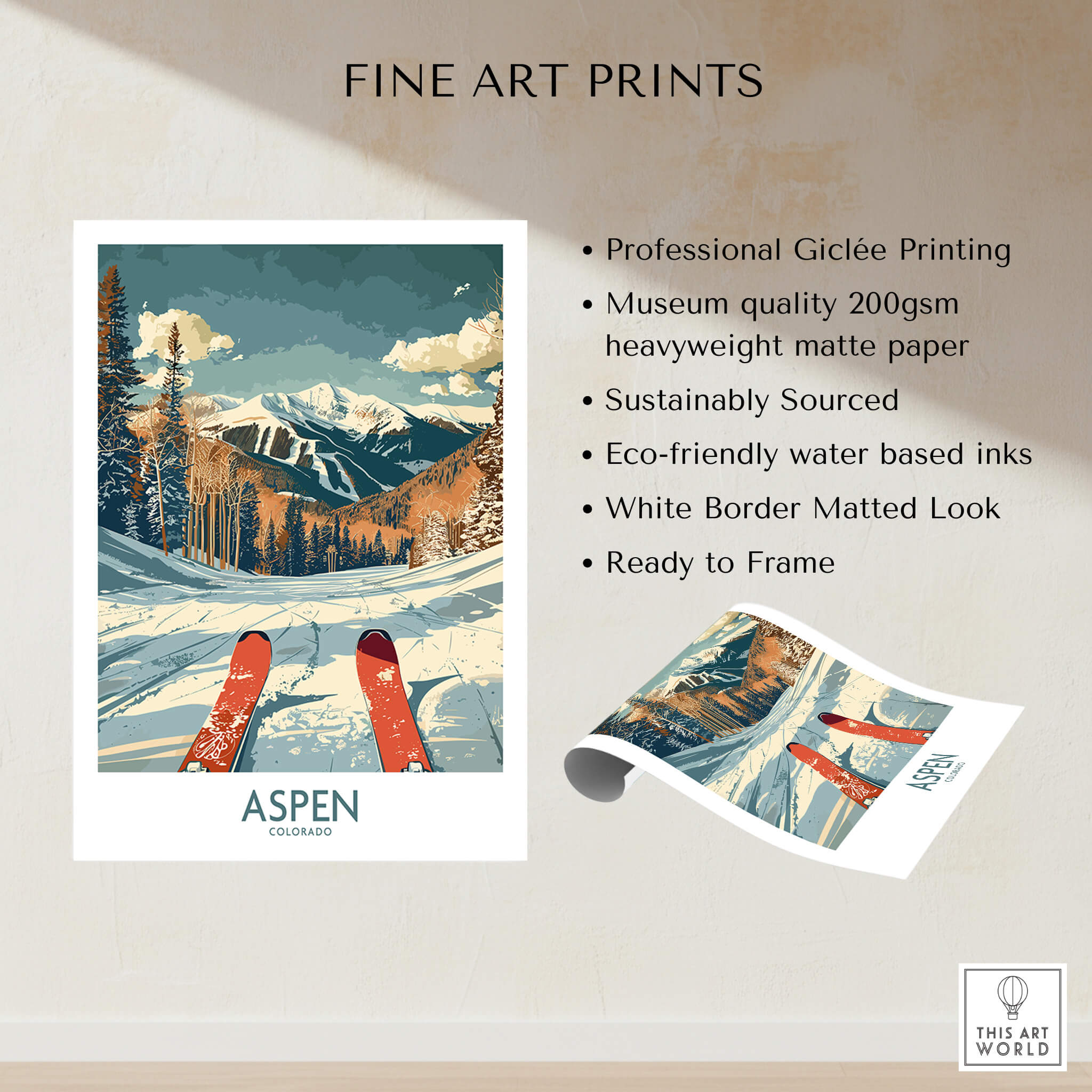 Aspen Ski Print - Colorado featuring professional Giclée printing and beautiful mountain scenery.