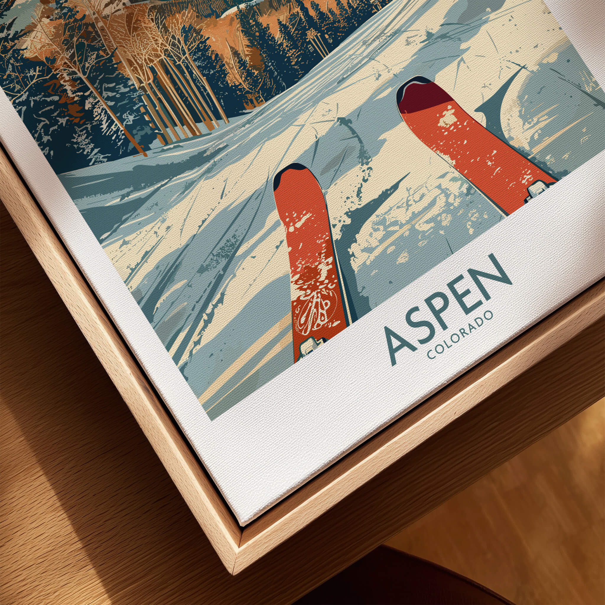 Aspen Ski Print - Colorado featuring skis on snowy slopes with Aspen, Colorado design.