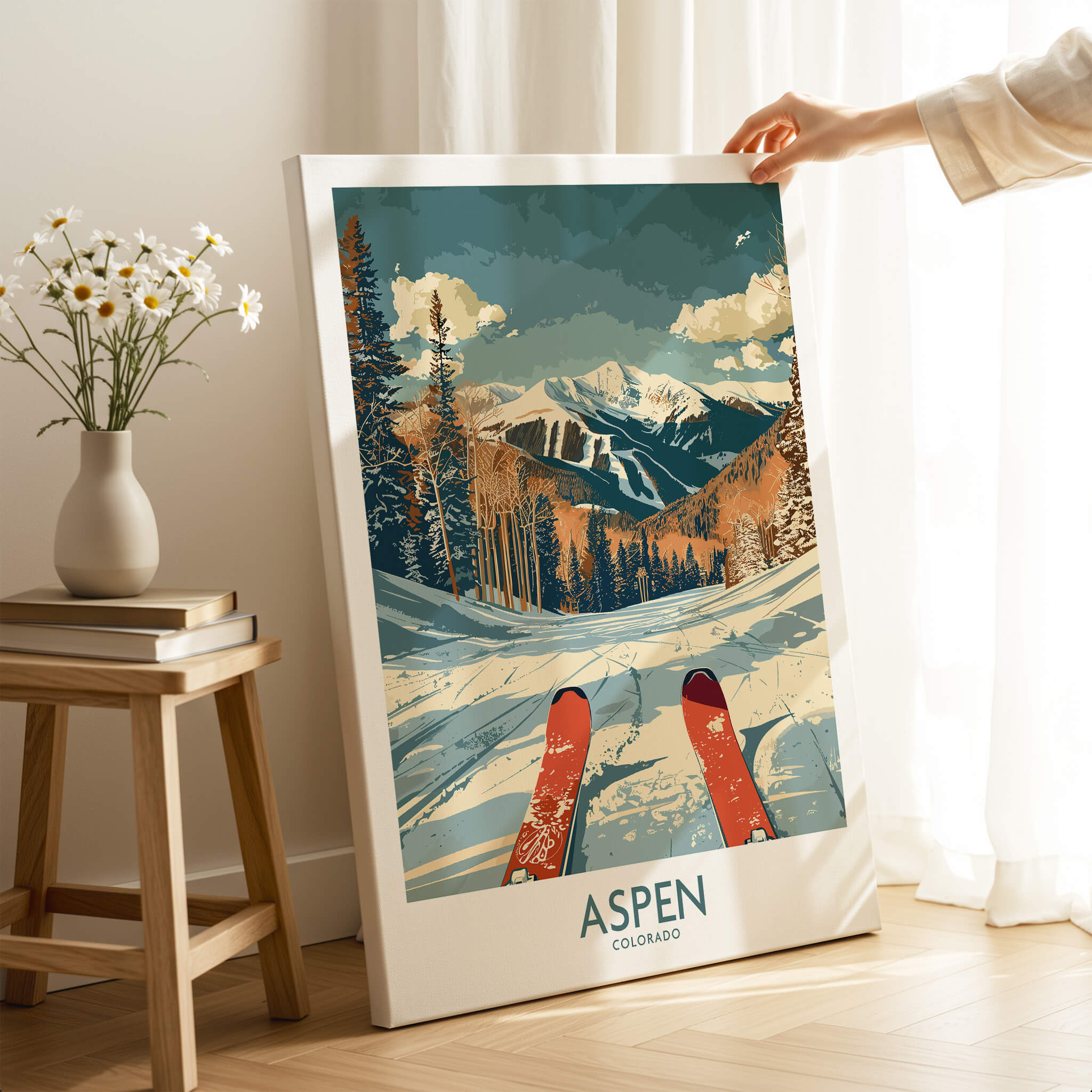 Aspen Ski Print - Colorado showcasing breathtaking mountain scenery and ski slopes in a stylish home decor setting.