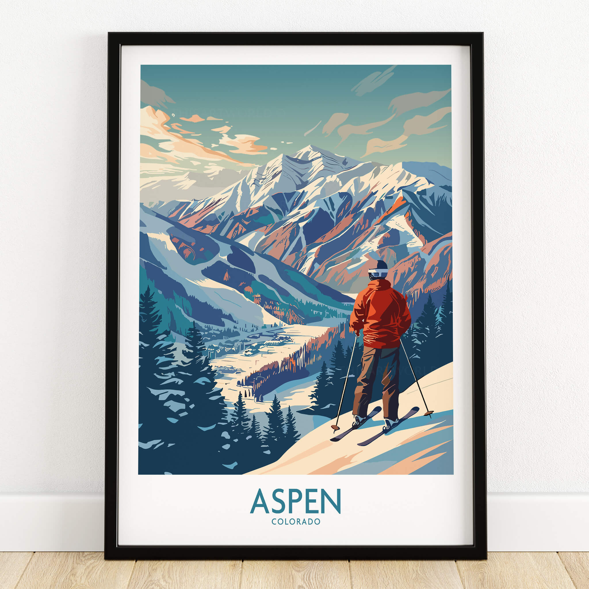 Aspen Wall Art featuring a skier against a stunning mountain backdrop in Colorado.