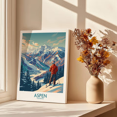 Aspen Wall Art depicting a skier with mountains, enhancing cozy decor and adventure vibes.